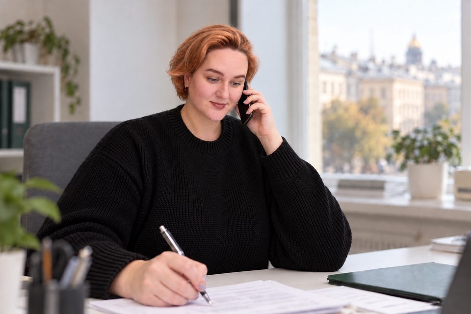 Елена Кутузова разговаривает по телефону и работает с документами